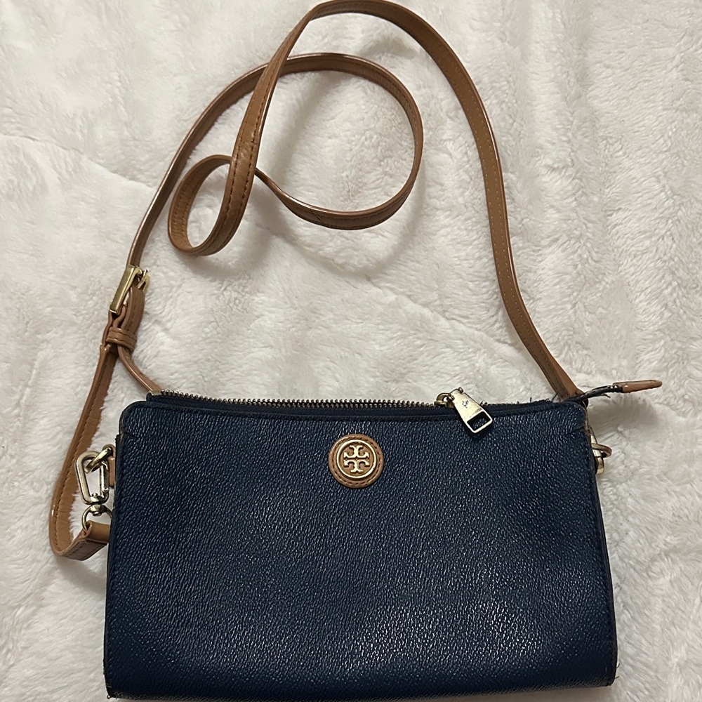 Tory Burch Dark Blue and Tan Crossbody Bag